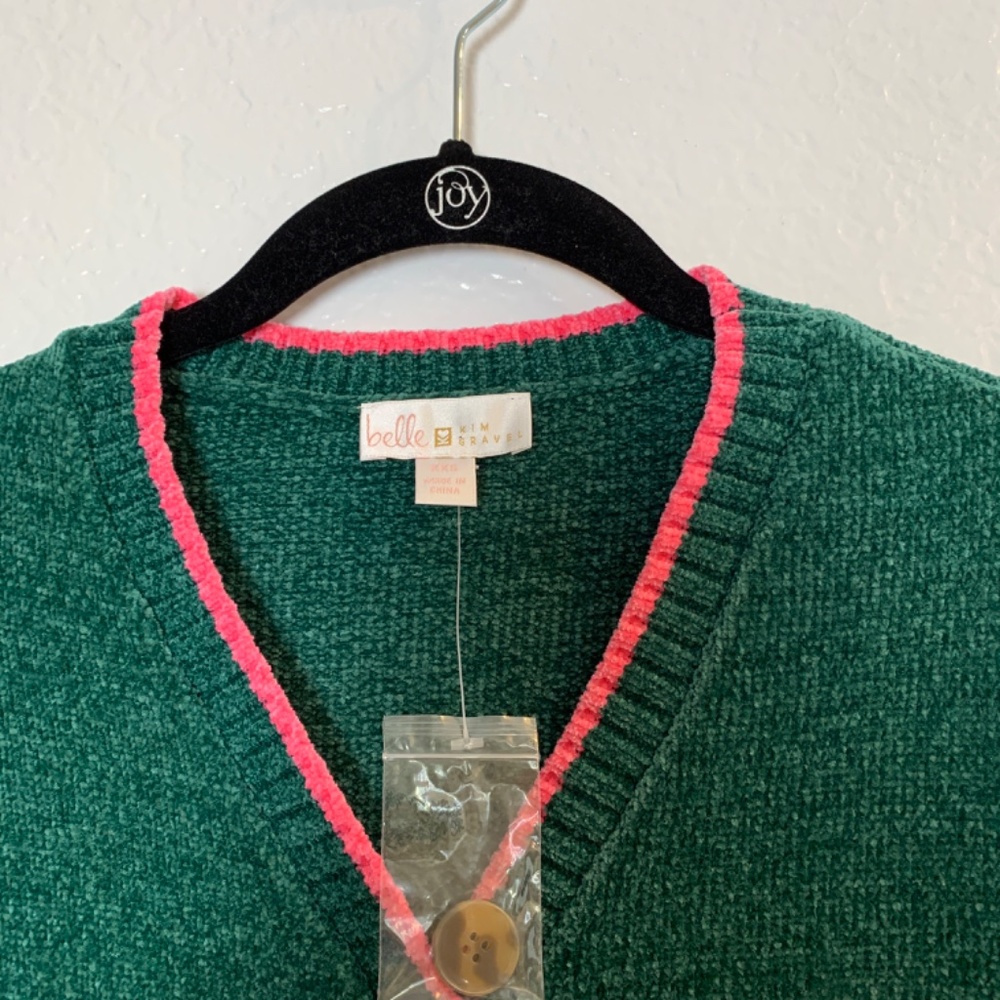 Belle by Kim Gravel Tippity Topsy Green Pink Chenille Cardigan XXS Sweater NWOT - Picture 3 of 15